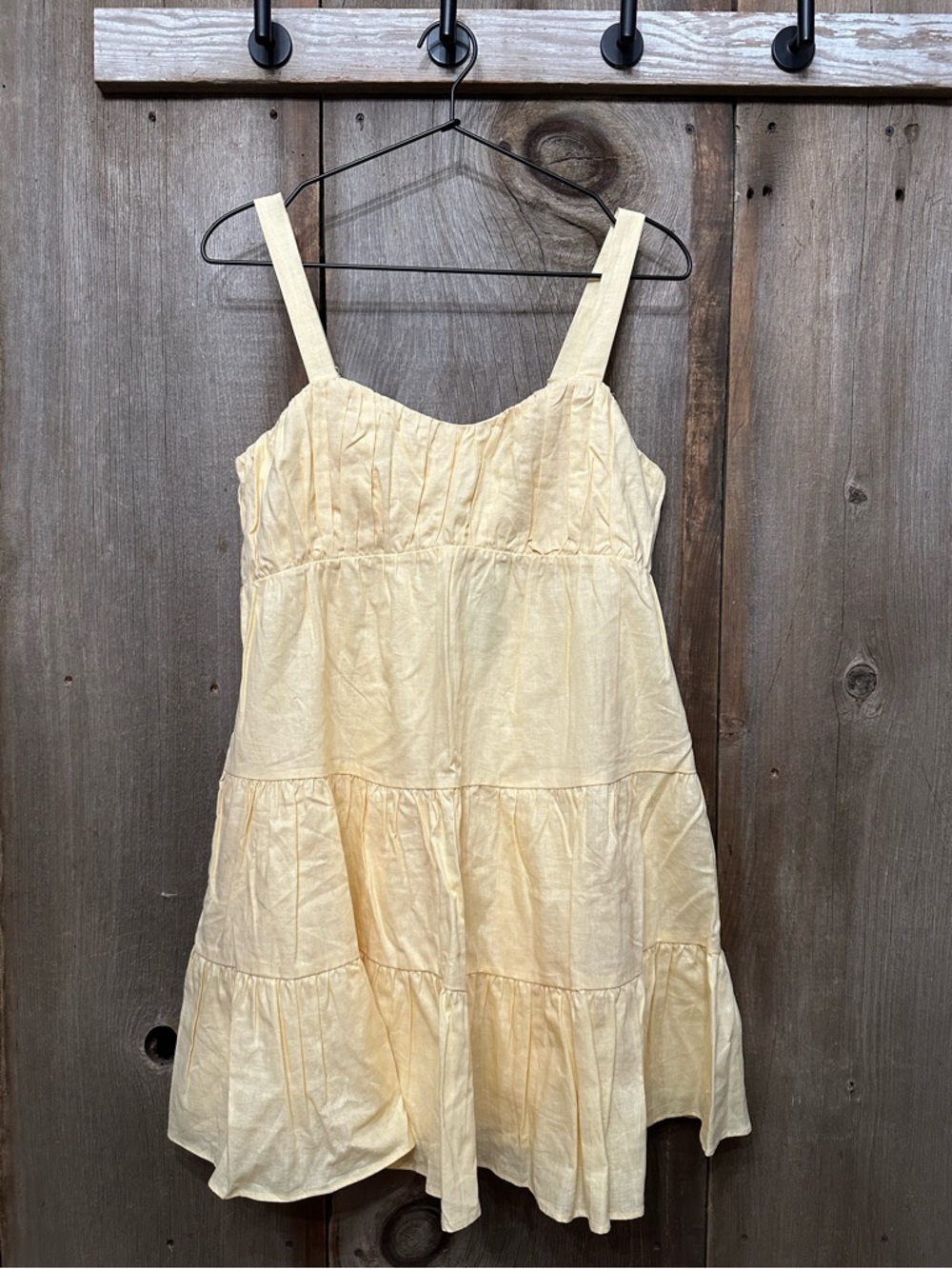 Express Linen Blend Ruched Sleeveless Tiered Mini Dress in Soft Yellow Small